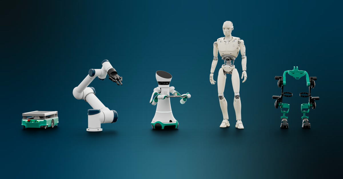 An overview of various robotics and hardware types, including autonomous mobile robots, robot arms, humanoid robots, and exoskeletons.